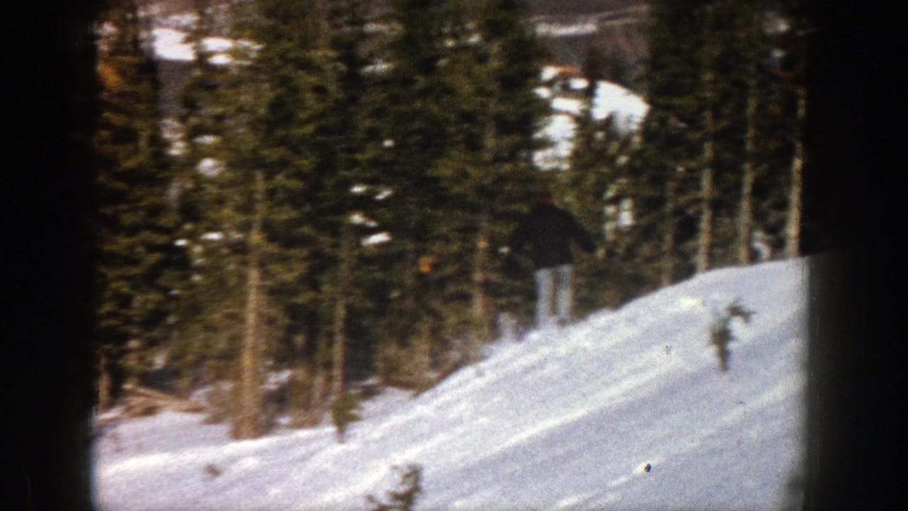 A skier stands or glides near the crest of a snowy hill with forest behind.