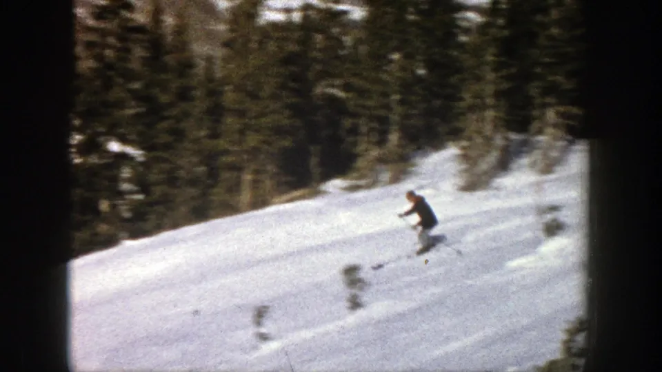 A lone skier in a dark top and light pants descends a low Aspen slope, seen against snow, saplings, and evergreen forest.