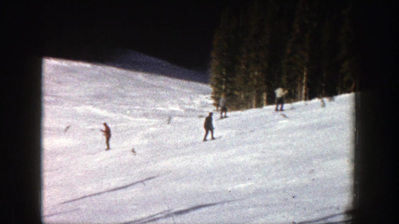 Skiers are spaced across a snowy run with trees on the right side.
