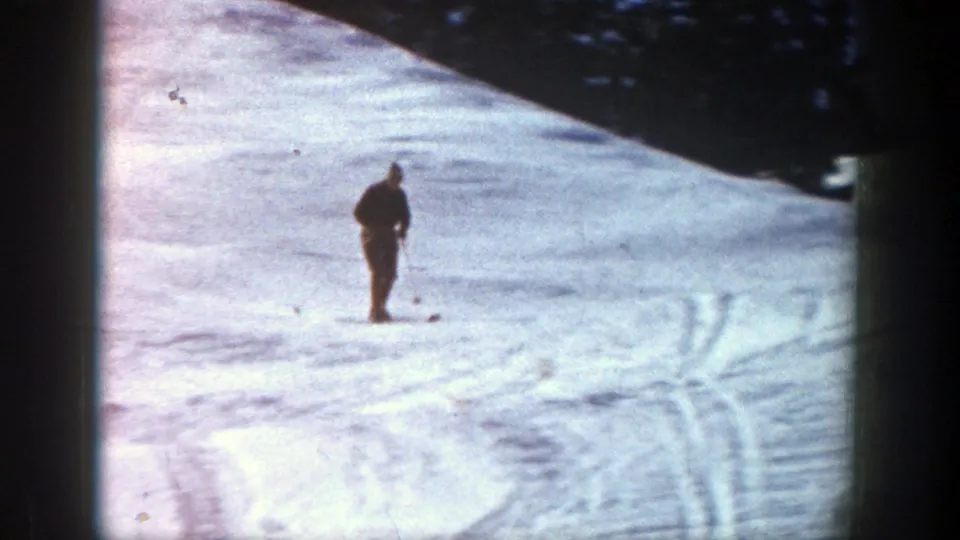 A distant adult skier is seen on a sunlit snowy slope, with tracks and shadowed trees visible at the edge of the frame.