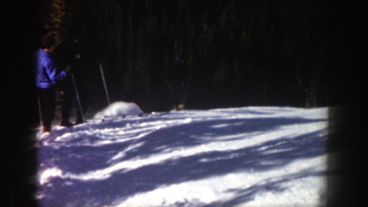 Skier near the left edge stands on a snowy slope bordered by dark trees.