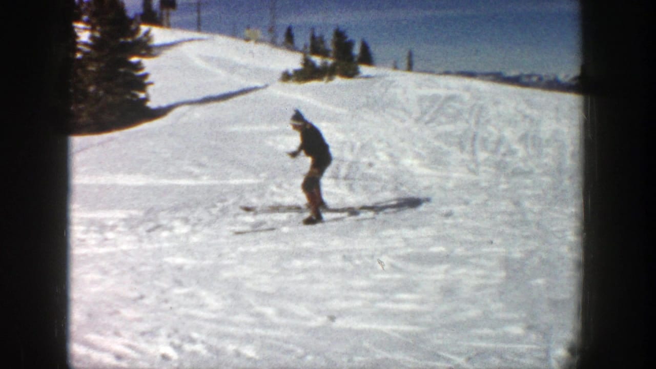 A skier moves across a snowy slope with evergreen trees near the crest.