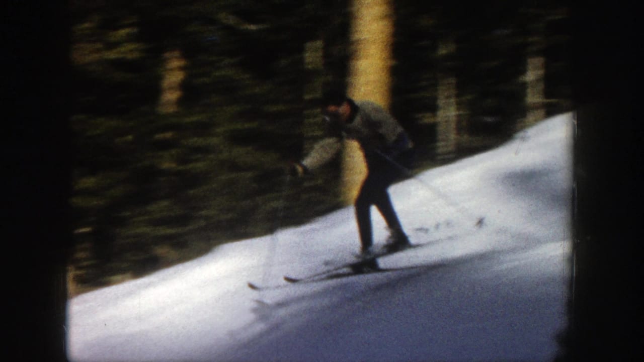 Skier in a light jacket moves downhill across a snowy slope bordered by trees.