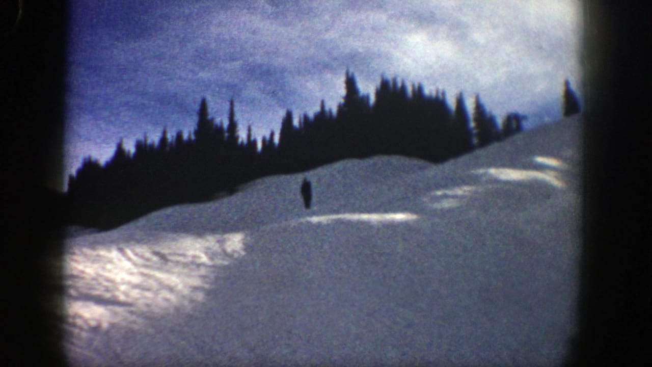 Distant skier on a snowy slope below a dark evergreen ridge.