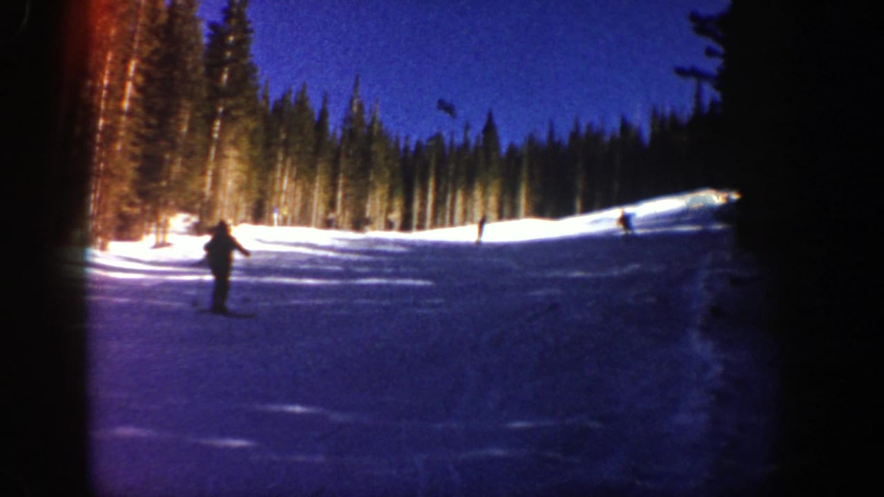Distant skier on a snowy slope bordered by pine trees at dusk.