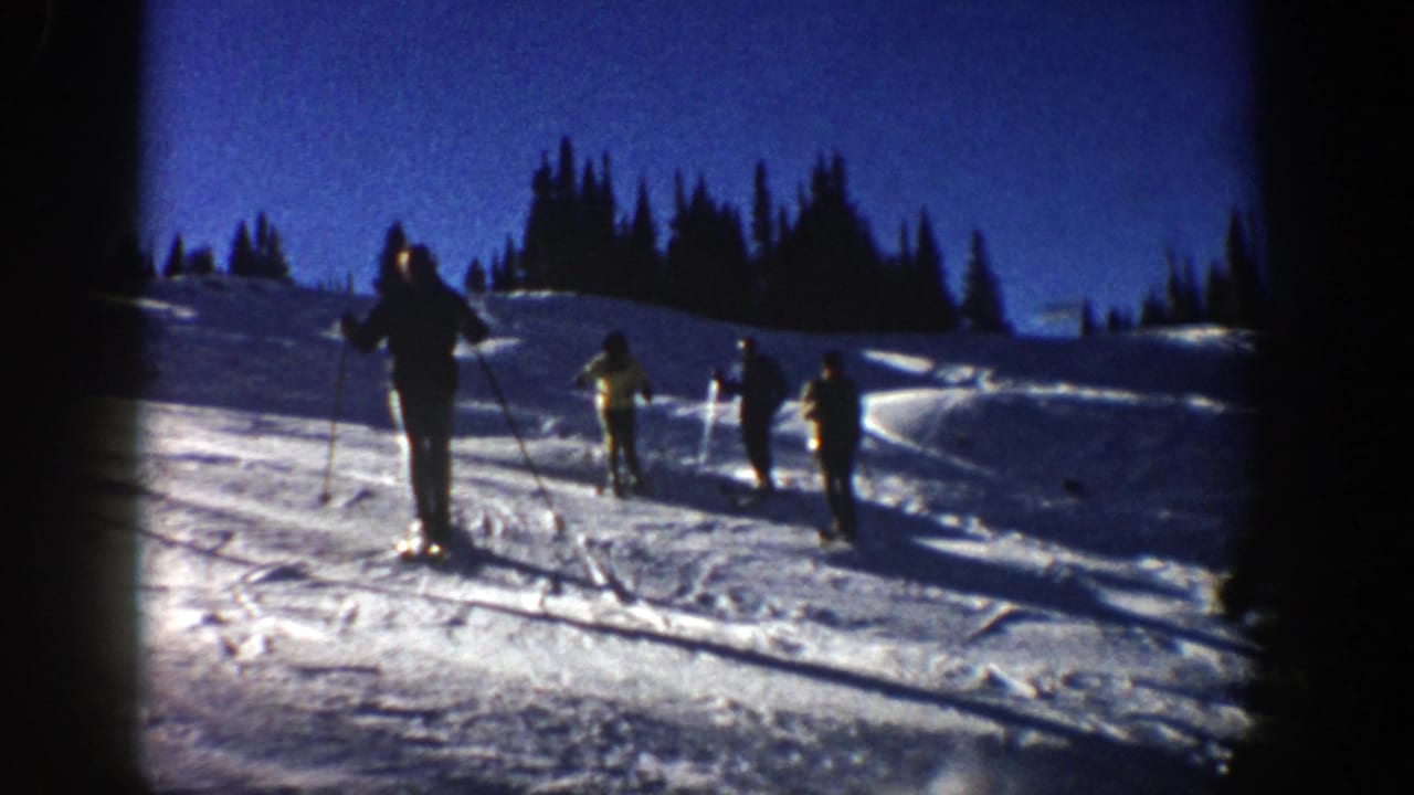 Several skiers move across a snowy hill below a dark pine ridgeline.