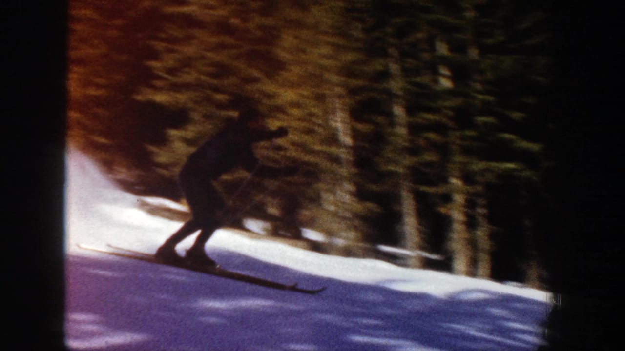 Skier in dark clothing crosses a snowy slope beside evergreen trees.