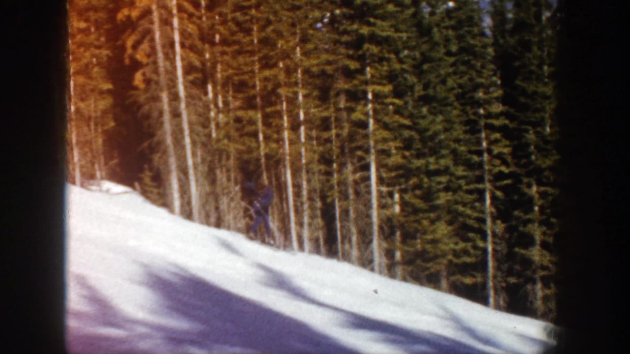 Skier near evergreen trees on a snowy slope with black film borders.