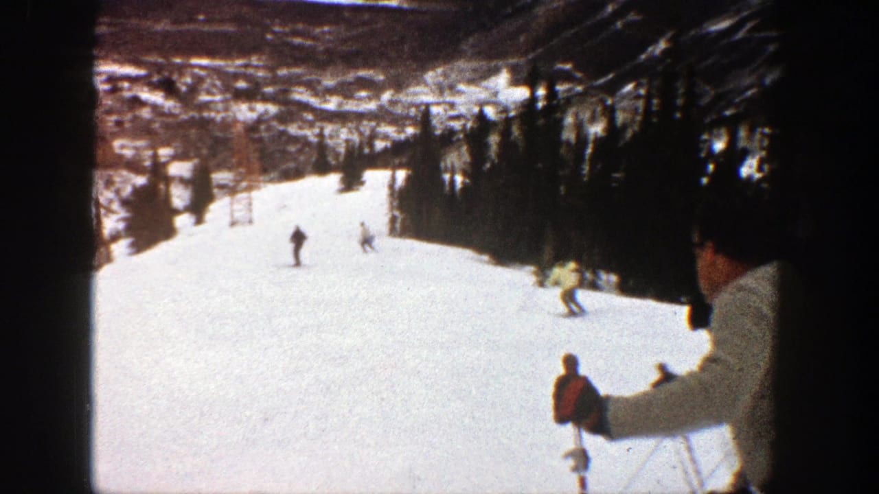 Skiers descend a snowy mountain slope bordered by evergreens, with a valley visible below.