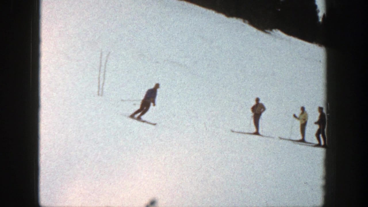 A skier descends a bright snowy slope while three people stand farther uphill.