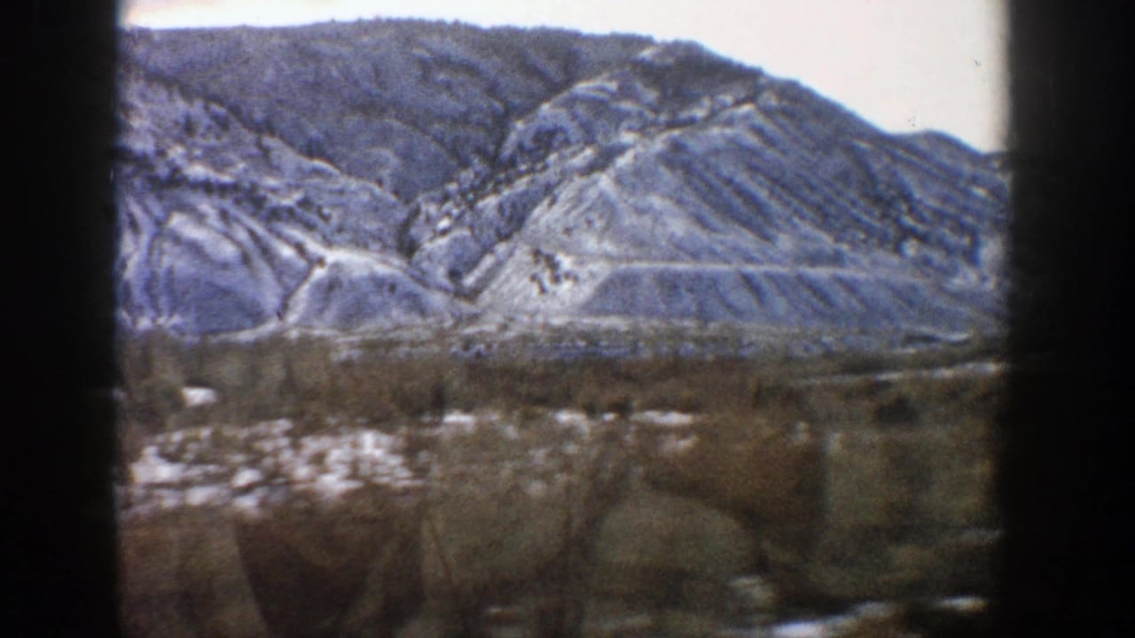 Snow-dusted mountain slope seen from a moving car window.