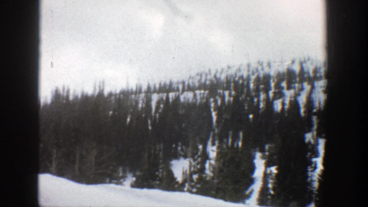 Snowy evergreen hillside seen through dark 8mm film borders.