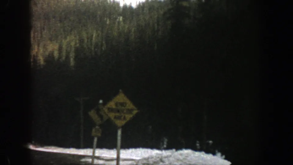 A yellow roadside warning sign stands beside snowbanks and dense forest during the Aspen, Colorado mountain drive.