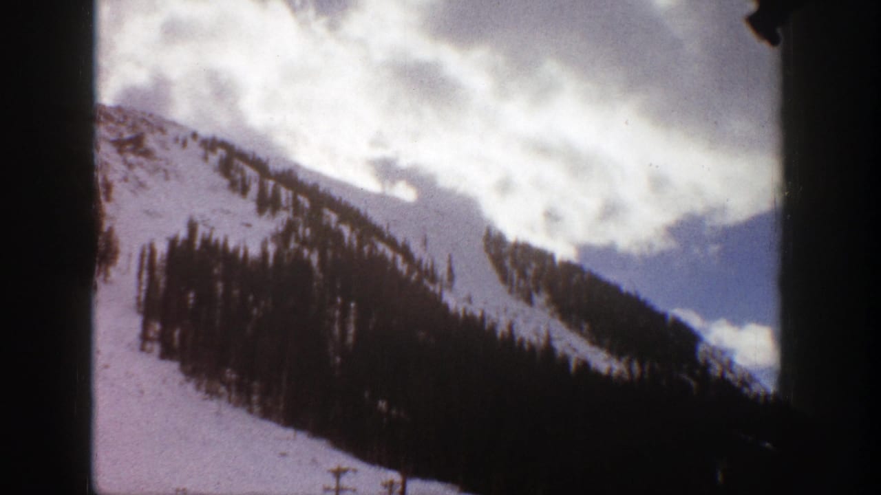 Snow-covered mountain slope with evergreen trees beneath a cloudy sky.