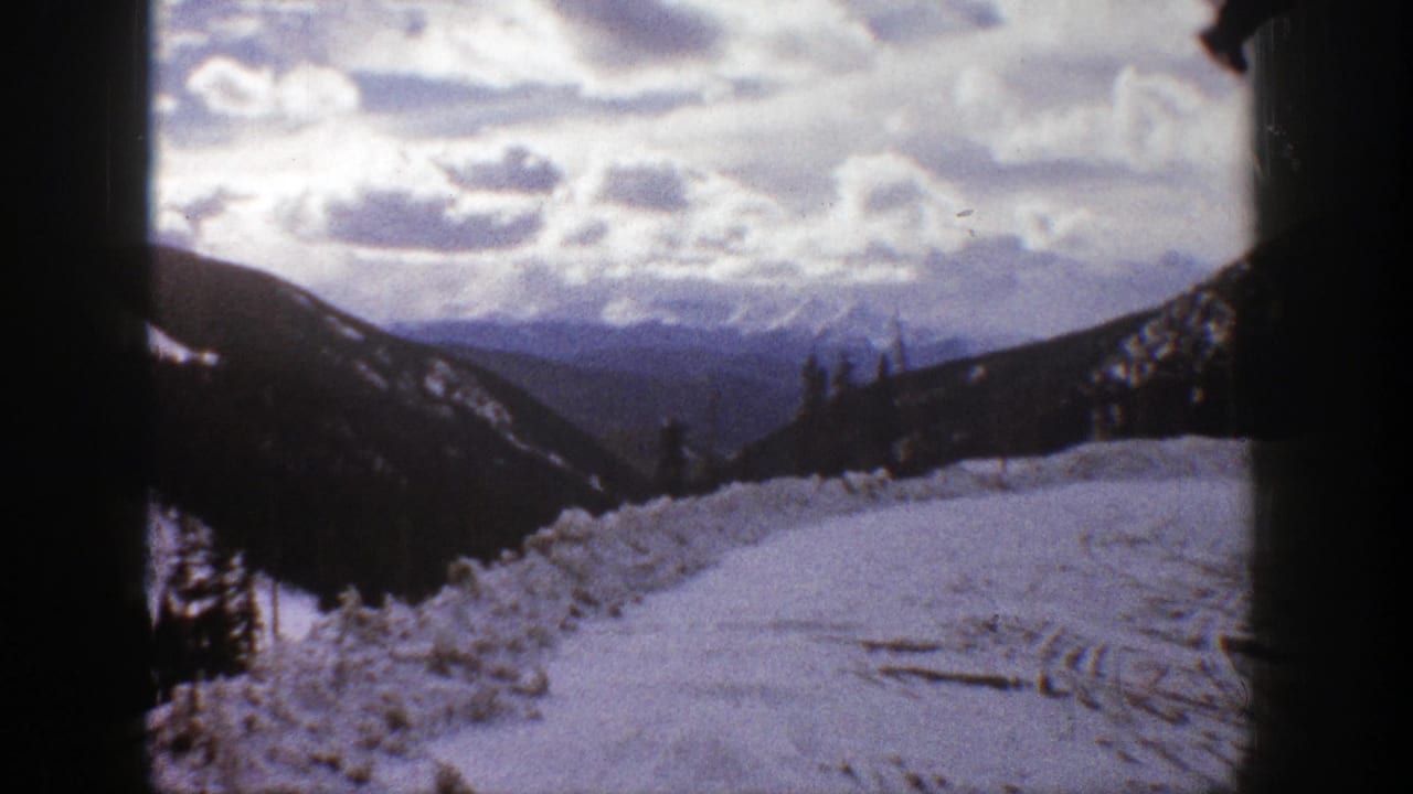 Snowy mountain road or overlook with evergreen slopes and cloudy sky.