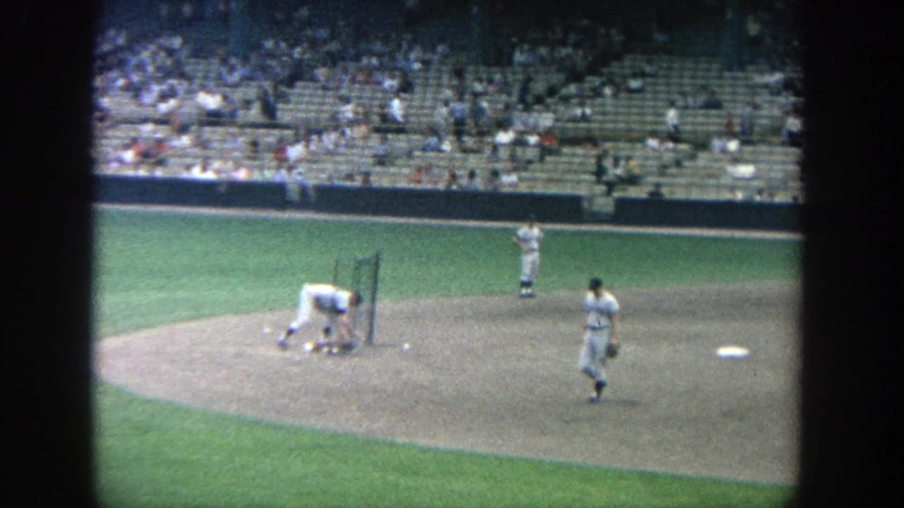 Players near the infield and home plate area with a practice screen and spectators behind them.