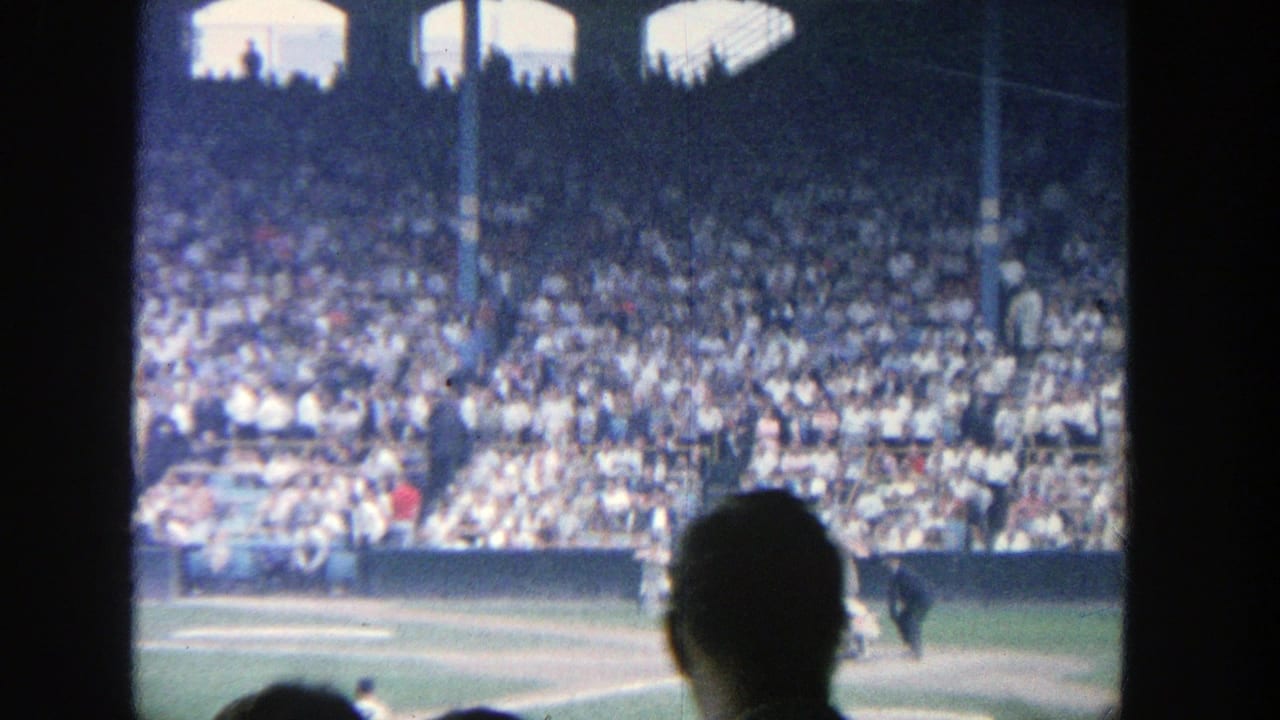 Crowded stadium stands and baseball field with spectator silhouettes in the foreground.