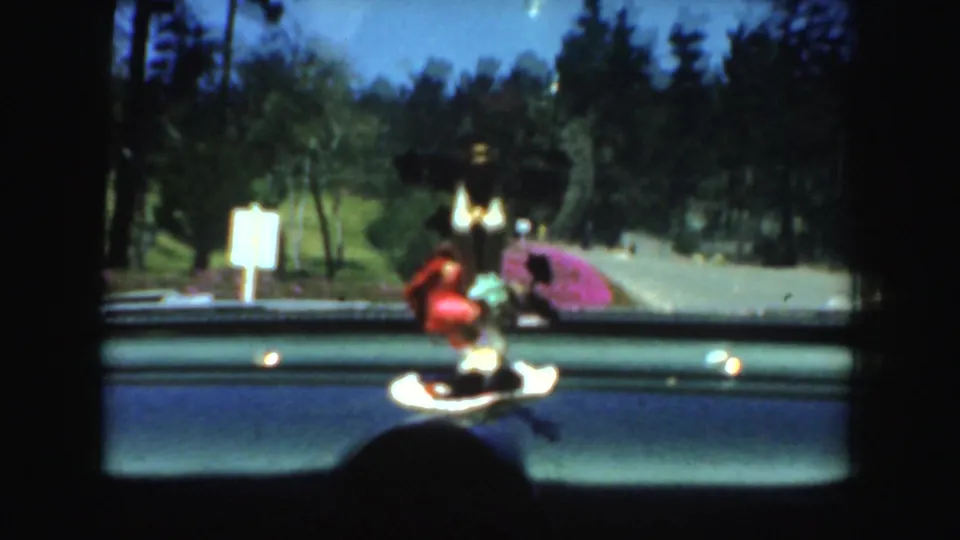 From inside the car, a small colorful dashboard figurine is seen against a road bordered by trees and pink flowers.