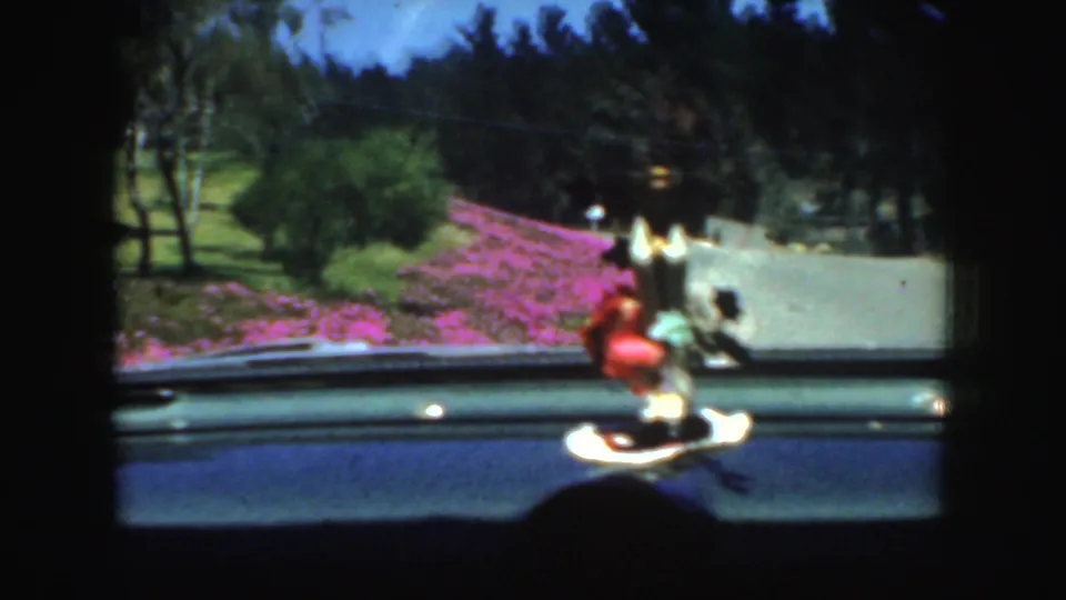 California home-movie view through the windshield, with a dashboard figurine, car hood, trees, and a sweep of pink roadside flowers.