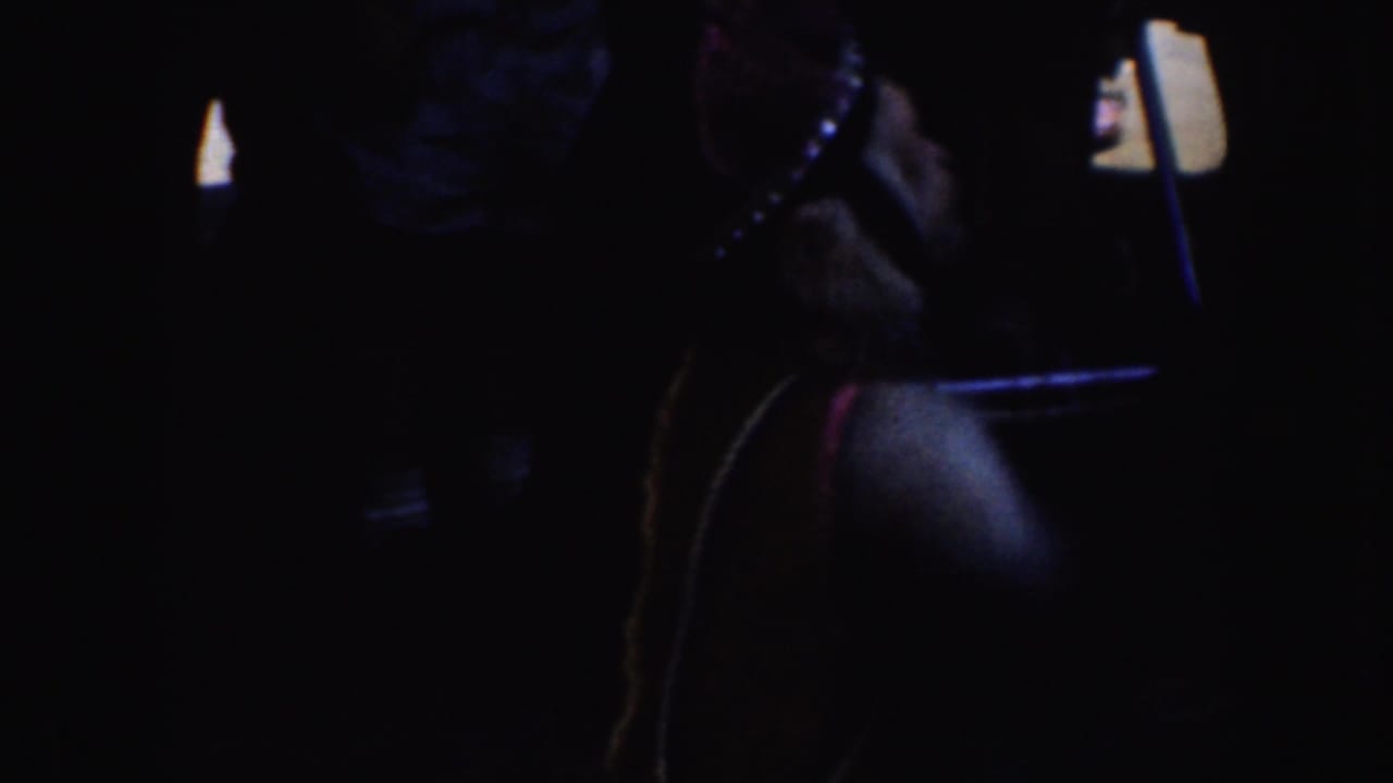Dark close view of a costumed figure with red and gold vest details in low light.