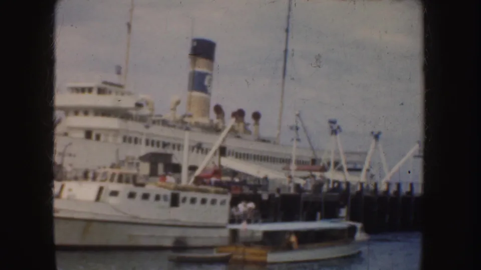 A white multi-deck passenger ship remains moored at the California dock while people gather near gangways and boats.
