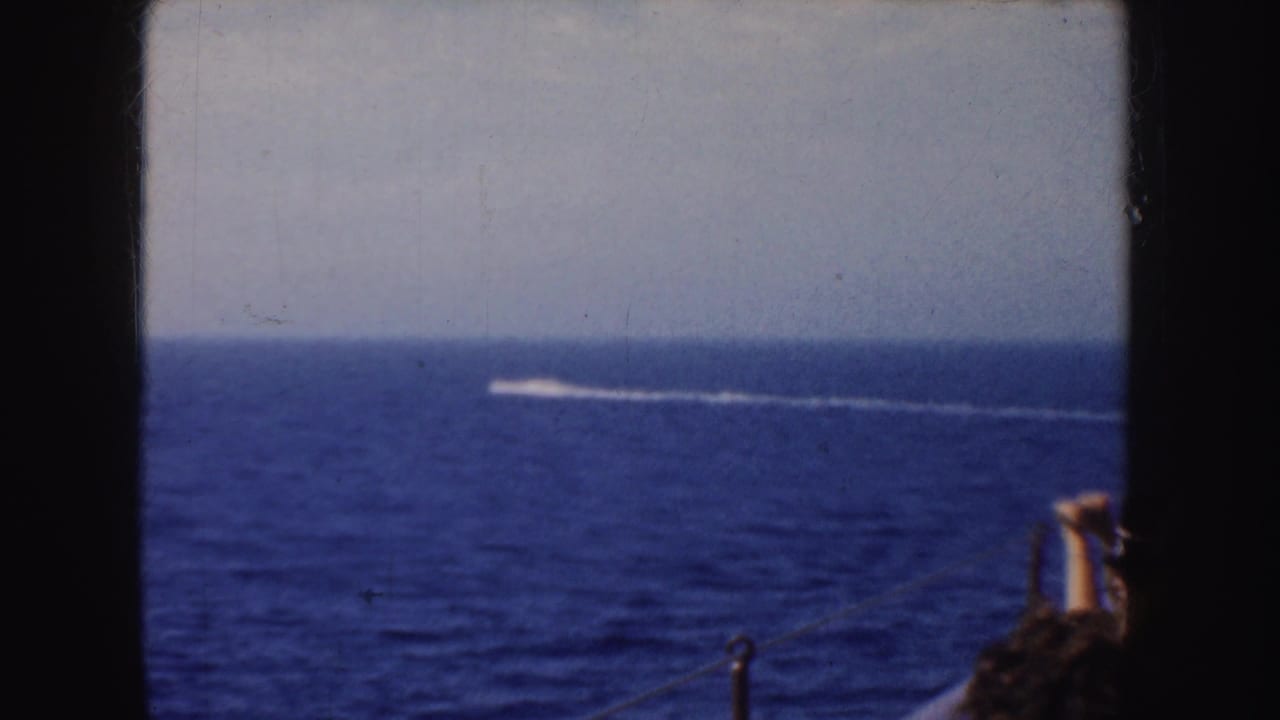 Distant white wake crosses the blue ocean as a boat rail and partial passenger appear at right.