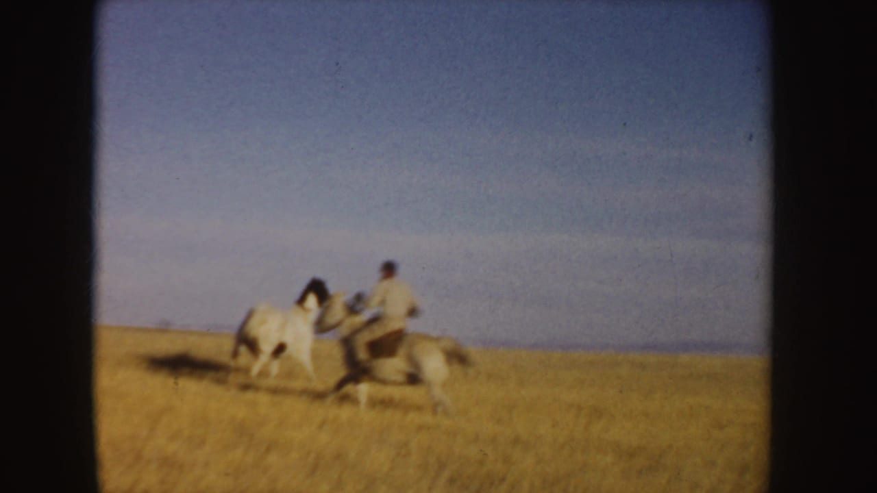 Two riders on horses crossing a tan field under a blue sky.