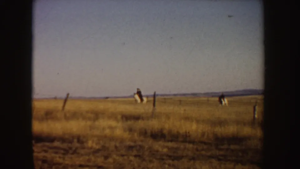 The riders appear small against the broad Idaho meadow, with fence posts in the foreground and hills beyond.