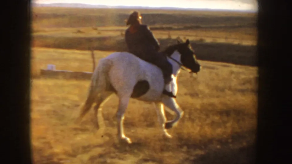 1955 Idaho frame showing a rider in profile on a white-and-dark horse moving across sunlit open grassland.