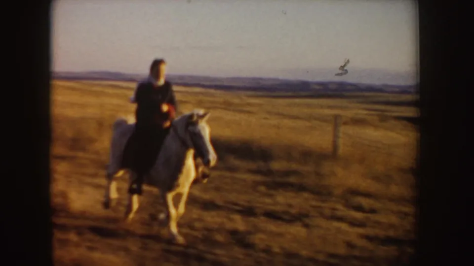 A rider on a white horse approaches along a dirt path in a wide Idaho field under a pale sky.
