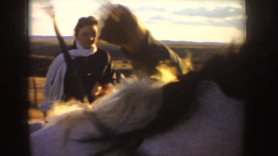 Two women on white horses appear close together in sunlit Idaho countryside, with one rider seen near the camera.