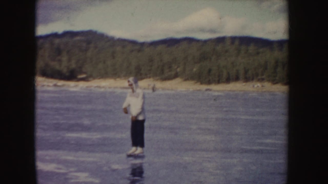 A person in a white jacket stands on skates on frozen water near a forested shore.