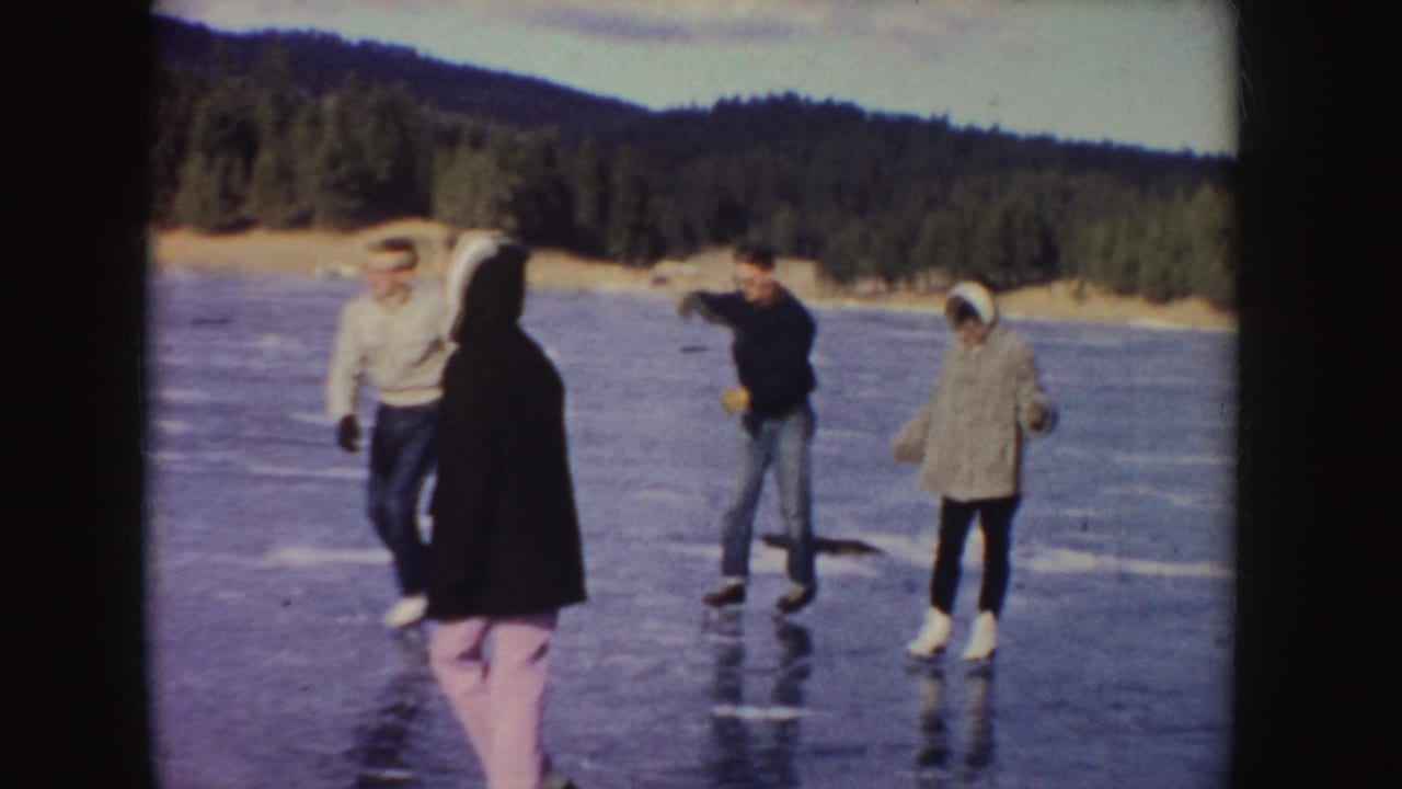 Four people stand and skate on a frozen lake near a wooded shoreline.
