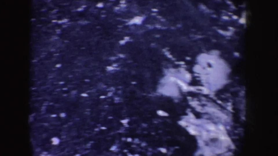 Soft 8mm close-up of a fish resting on dark lake ice, with scattered white patches across the frozen surface.