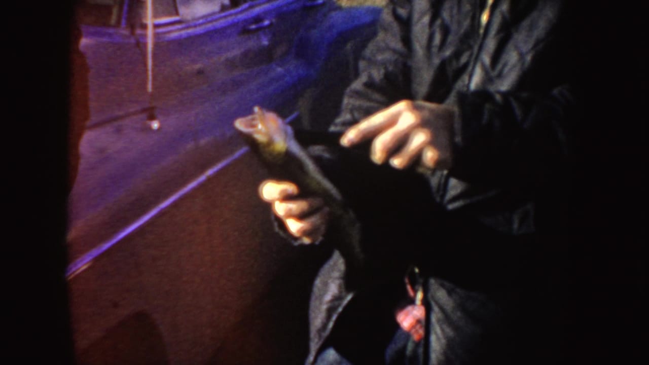 Adult man holding a freshly caught fish near a dark vehicle at night.