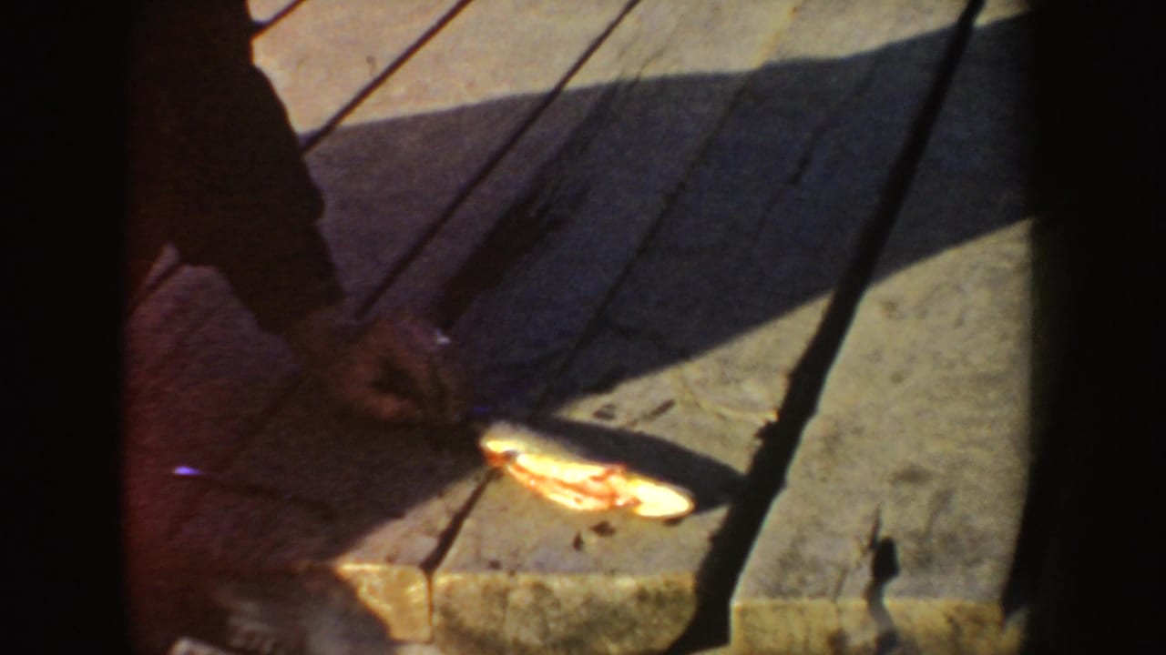 Fish lying on wooden dock planks near hands and dark shadows.