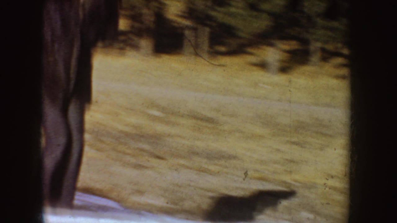 1955 Idaho home-movie frame showing the skater's legs beside the frozen pond surface and blurred tree line.