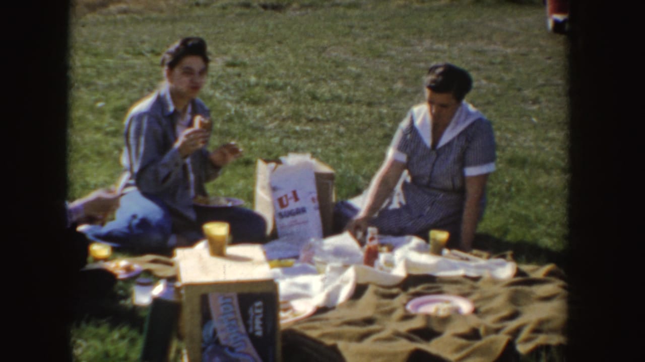 1955 Idaho 8mm frame showing women seated on green grass during a picnic with food, drinks, and a U-Haul bag nearby.