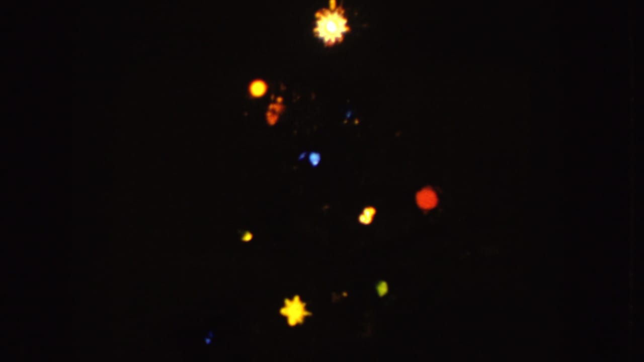 Cluster of small colored lights and bright yellow shapes in darkness.