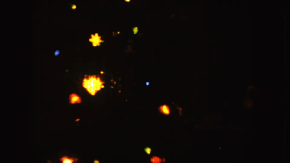 1955 Idaho 8mm frame with dim colored bulbs and yellow star-shaped lights spread across a dark night view.