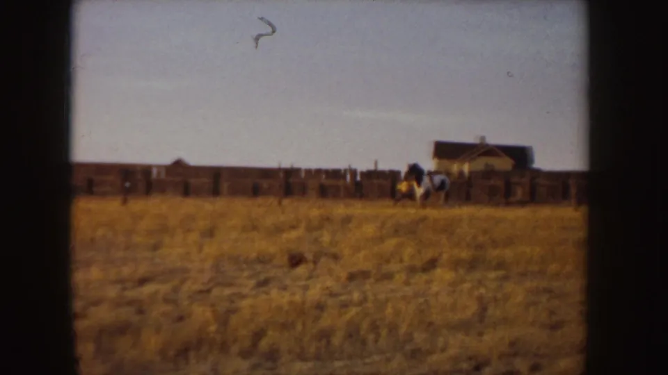 The rider on a white horse reaches the right side of the rural Idaho frame, with dry grass, a fence, and a house or barn behind them.