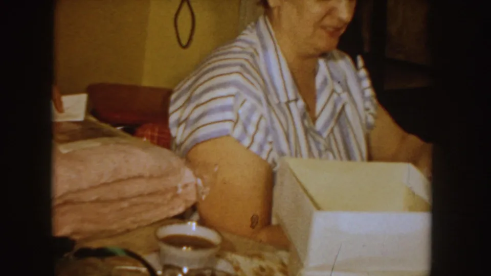 In a 1955 Idaho kitchen-table scene, a woman in a striped shirt sits beside a plastic-wrapped item, a cup, and a light-colored box.
