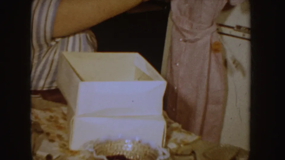 1955 Idaho frame with an open white box on a patterned table as a pink dress or garment is raised nearby.