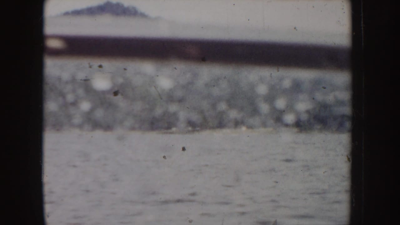 Soft lake and distant mountains seen through dark rails.