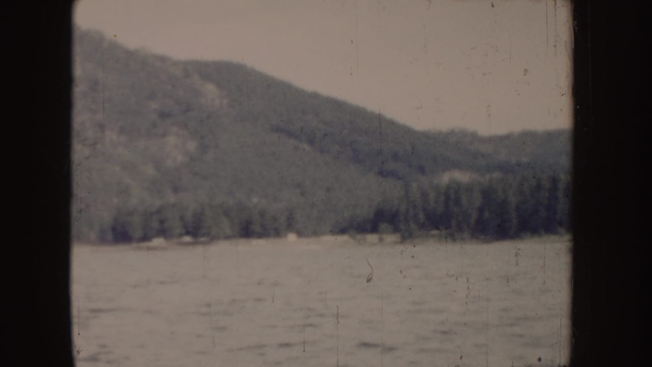 Distant wooded hills and shoreline across water under a pale sky.