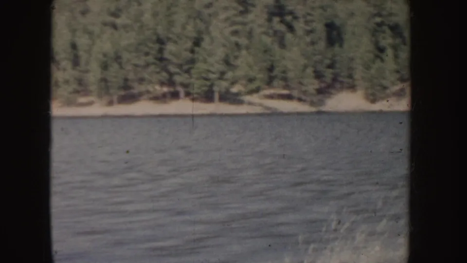 1955 Idaho home-movie frame with a tree-lined lakeshore across calm water, softened by grain and slight exposure variation.
