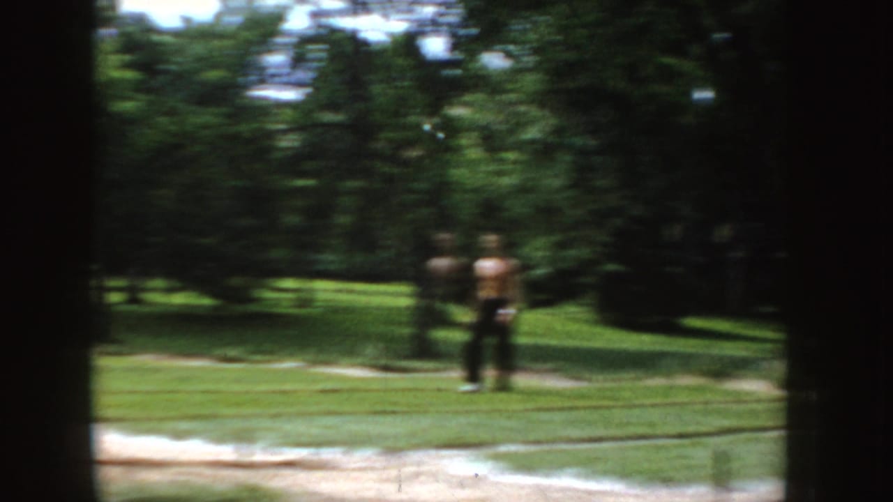 Distant man in light overalls stands on grass in a tree-lined park.