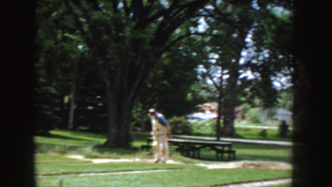 A man in light overalls appears ready to throw in a grassy Idaho park, with a picnic table and trees behind him.