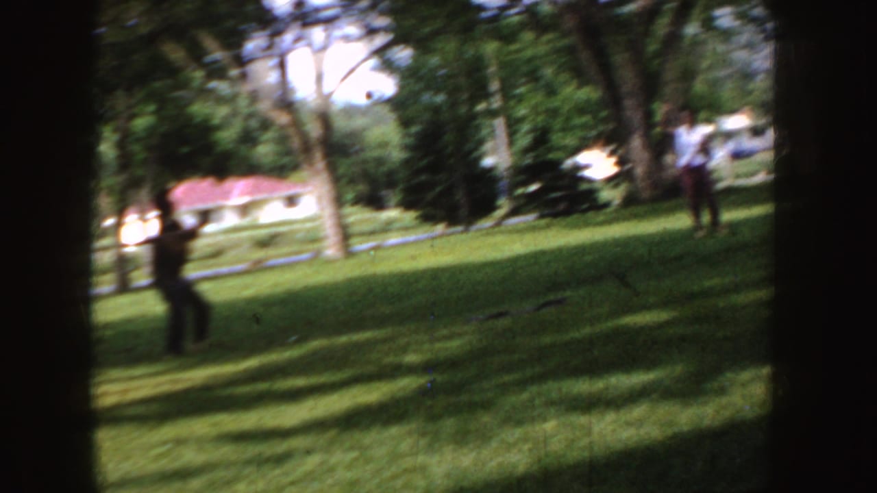 Two distant people on a sunny lawn with trees, a house, and a parked car in back.