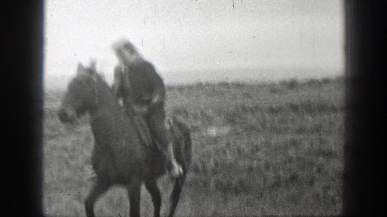 Rider on horseback seen closer in a grassy field.